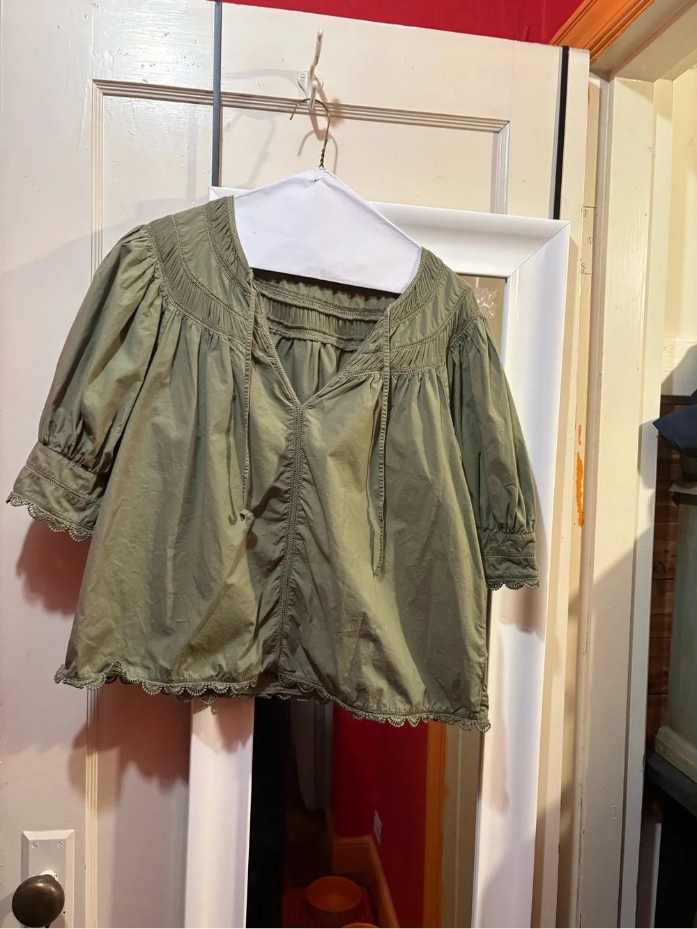 Ulla Johnson Olive Green cotton lace trim puff sleeve Peasant Blouse size 8